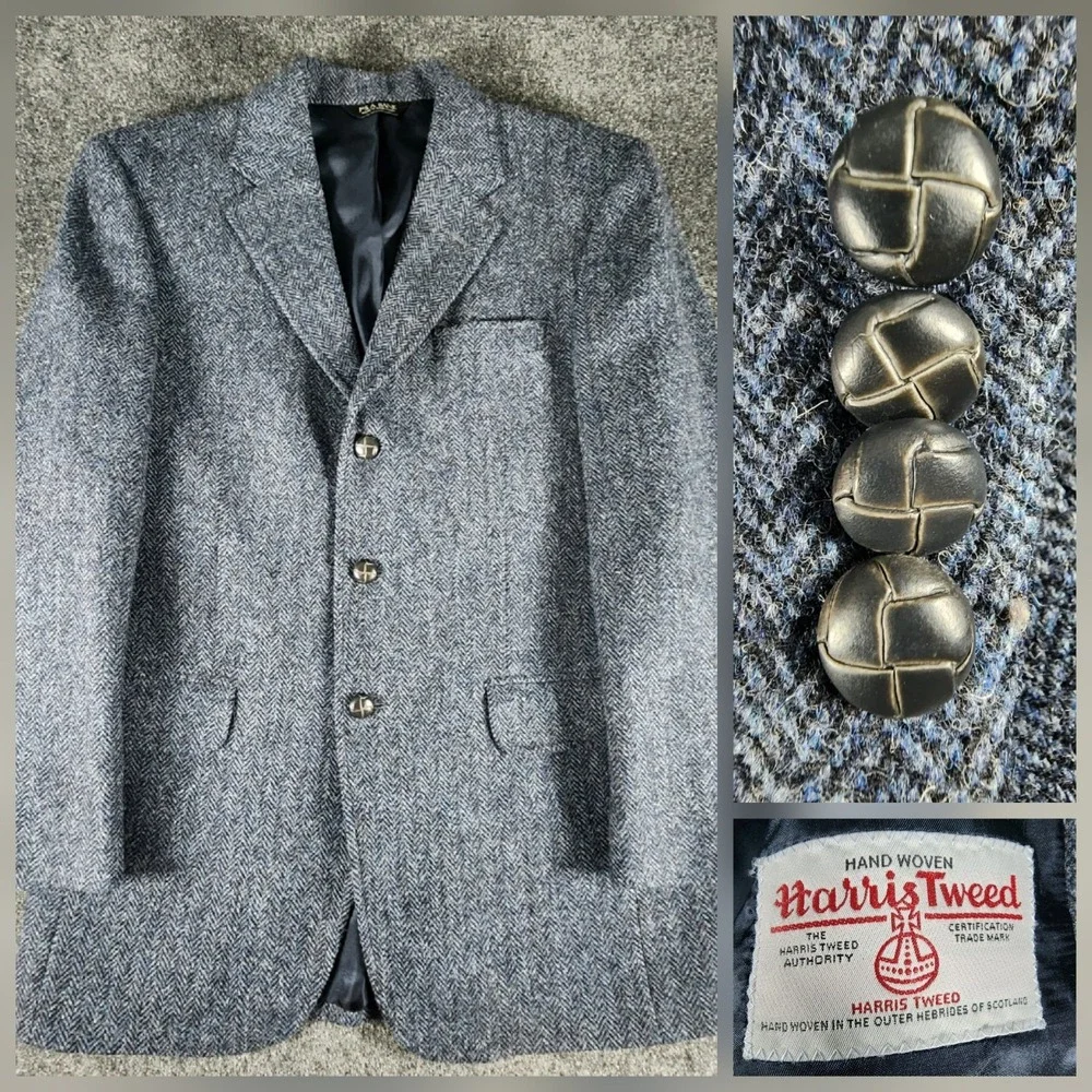 Harris Tweed Jos A Bank‎ Men's 38R Blue  Herringbone Tweed Blazer Sport Coat